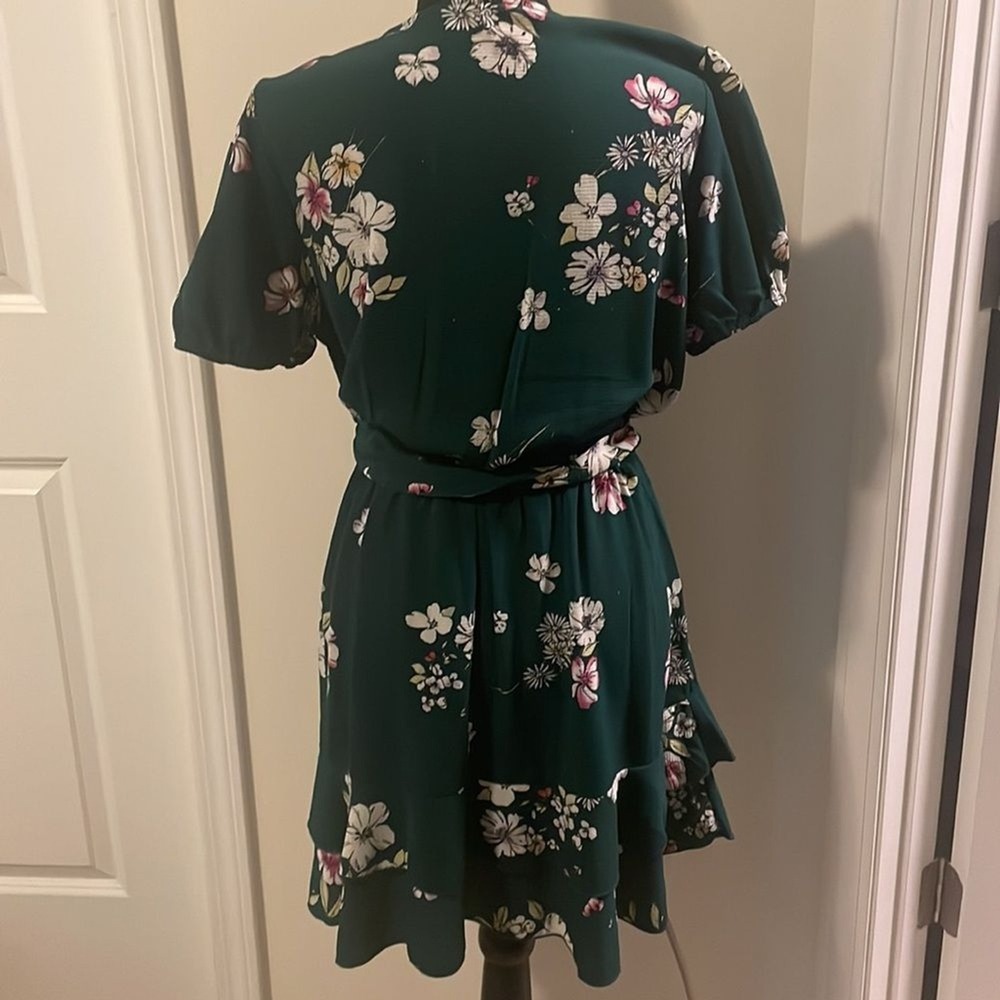Purple Snow Forest Green Floral Wrap Mini Dress Puff Sleeve RSA4949 Womens XL - Picture 5 of 7